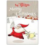 Personalised Merry Christmas Card with Dog Chasing Santa Claus Design