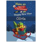 Personalised Christmas and Happy New Year Card with Presents on Sleigh Winter Scene