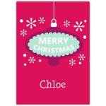 Personalised Purple Bauble Merry Christmas Card with Custom Name on Festive Red Background