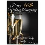 10th Wedding Anniversary Card for Wife Personalised With Champagne Glasses and Name