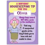 Personalised Aunty Acid Humorous Birthday Card Housekeeping Tip for Olivia