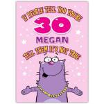 Personalised Funny 30th Birthday Card with Purple Cat and Custom Name in Pink Design