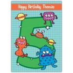 Personalised Happy 5th Birthday Card with Colourful Cartoon Aliens for Kids
