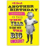 Personalised Humorous Big Knickers Birthday Card for Her with Vintage Child Image