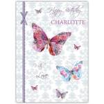 Personalised Happy Birthday Card with Floral Butterflies and Ribbon Design