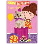 Personalised Cute Kitten Birthday Card with Girl and Party Hat Design