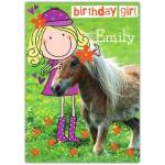 Personalised Cute Pony Birthday Card for Girls with Cartoon Character and Name Option