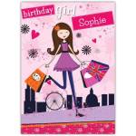 Personalised Birthday Card for Girl Shopper with Cityscape Design and Custom Name