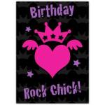 Rock Chick Birthday Card with Pink Heart Crown and Wings Design