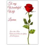Personalised Valentine’s Card for Wife Single Red Rose Design with Romantic Poem
