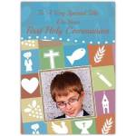 Personalised Blue First Holy Communion Photo Card with Religious Symbols
