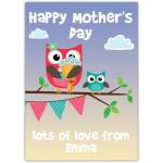 Happy Mothers Day Card with Cute Big and Little Owls Personalised Message