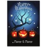 Personalised Happy Halloween Card with Jack-o-Lanterns Tree and Spider Web Design