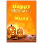 Personalised Happy Halloween Card with Four Carved Pumpkins and Autumn Leaves