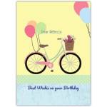 Personalised Bicycle and Balloons Birthday Greeting Card with Flower Basket Design