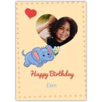 Personalised Cute Blue Elephant Photo Birthday Card with Heart Frame and Name Option