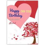 30th Birthday Card with Pink and Red Heart Tree Design for Her