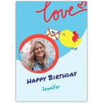 Personalised Happy Birthday Card with Flying Bird and Photo Upload on Blue Background