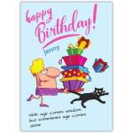 Funny Birthday Card Personalised Lady Carrying Presents Chased by Cat Design