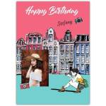 Personalised Happy Birthday Card with Town Illustration and Photo for Girls