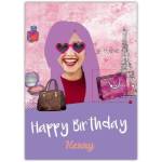 Personalised Happy Birthday Card for Girls with Shopping Bags and Eiffel Tower Design