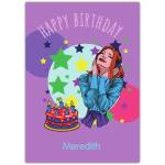 Personalised Happy Birthday Card for Girl Listening to Music with Cake Illustration