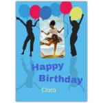 Personalised Happy Birthday Card with Dancing Girls and Colourful Balloons Design