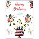 Personalised Happy Birthday Card with Cake, Balloons and Streamers for Girls