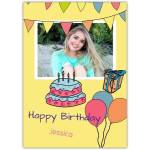 Personalised Happy Birthday Card with Photo Frame Balloons Cake and Banners on Yellow Background