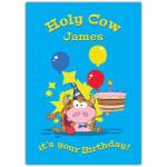Personalised Holy Cow It's Your Birthday Card with Cartoon Cow and Cake Design