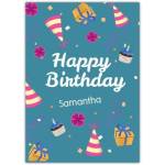 Personalised Happy Birthday Card with Party Hats Muffins and Presents Design for Girls