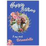 Personalised Happy Birthday Photo Frame Card with Floral Design in Blue for Her