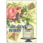 Happy 60th Birthday Card with Retro Bird Cage and Floral Design Personalised Option
