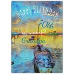 Happy 70th Birthday Grandpa Card with Boat and Sunset Scene