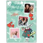 Personalised Happy Birthday Card with White Rabbit and Red Hearts Photo Collage Design