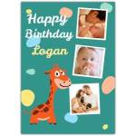 Personalised Baby Birthday Card with Giraffe and Three Photo Gallery Design