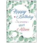 Personalised Happy Birthday Card for Sister Green Leaf Frame Design
