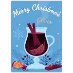Personalised Merry Christmas Card with Mulled Wine Glass Cinnamon and Snowflakes Design