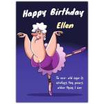 Personalised Humorous Lady Ballerina Birthday Card with Name on Dark Purple Background