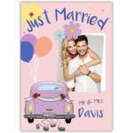 Personalised Just Married Mr and Mrs Wedding Card with Custom Photo and Purple Car Design