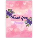 Personalised Thank You Card with Purple Flowers and Pink Hearts Design