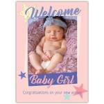 Welcome Baby Girl Photo Card Pink Blue Stars New Arrival Congratulations Card