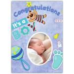 Congratulations New Baby Boy Photo Upload Card with Blue Rattler and Footprint Design