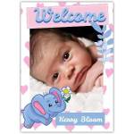 Personalised Welcome Baby Girl Photo Card with Cute Blue Elephant and Pink Hearts