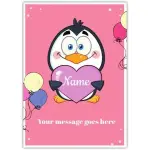 Personalised Penguin Holding Heart Greeting Card with Custom Name and Message on Pink Background