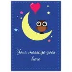 Personalised Owl on Yellow Crescent Moon with Pink Heart Balloon Greeting Card