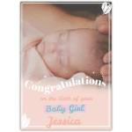 Personalised New Baby Girl Congratulations Photo Card with White Feathers Design