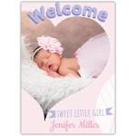 Personalised Welcome Baby Girl Photo Card with Heart Design in Pink