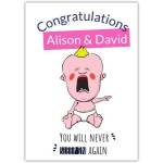 Funny New Baby Congratulations Card for Parents You Will Never Sleep Again with Crying Baby Illustration