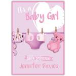 It's a Baby Girl Newborn Clothesline Pink Bear Personalised Baby Card